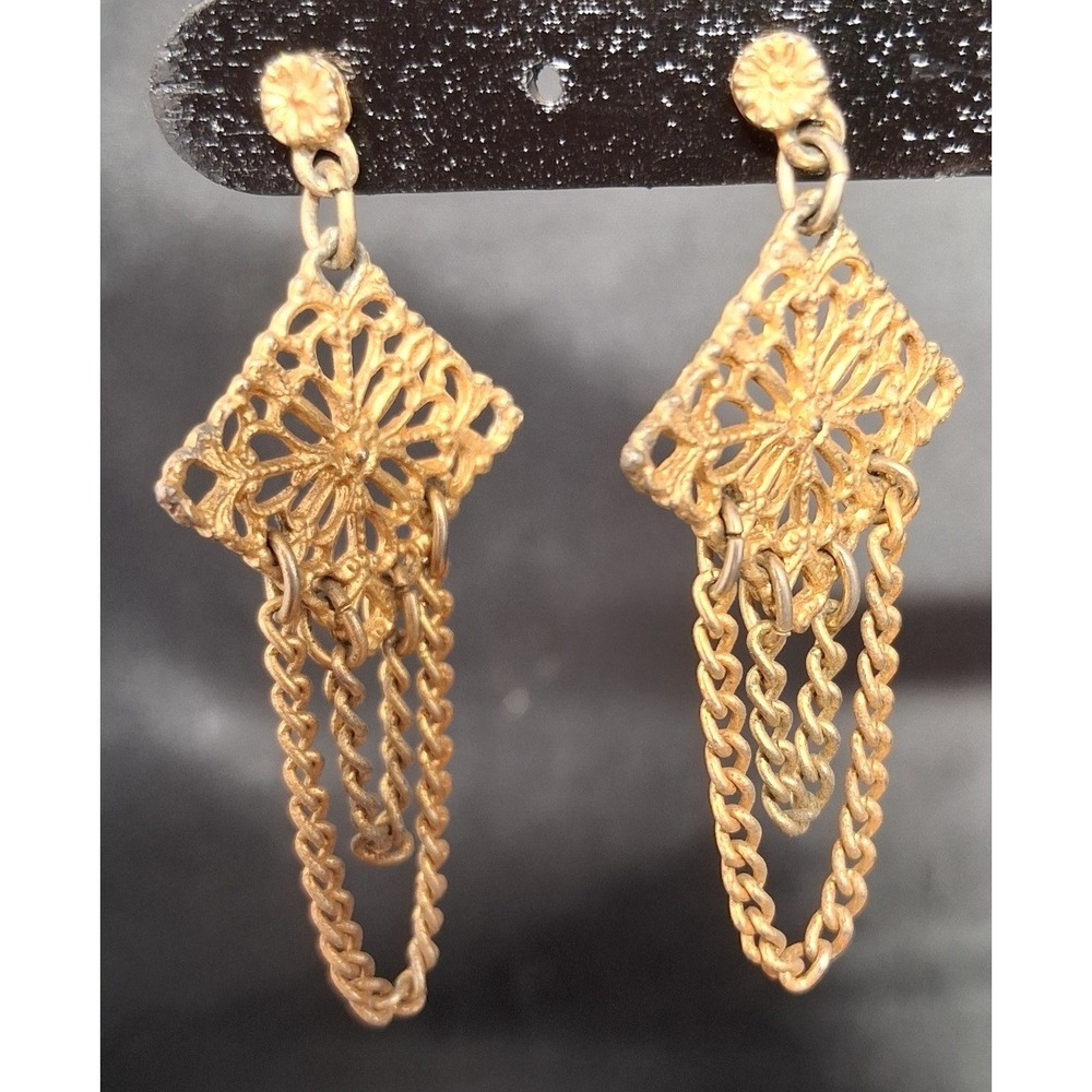 Vintage Gold Tone Filigree Diamond Drop Earrings with Triple Chain Dangle Post